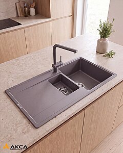 440023 QUARSTONE LUSTER 6S Metalik Gri Granit Evye / 99,5x49,5cm / Tezgah üstü 1,5 Göz - QUARSTONE