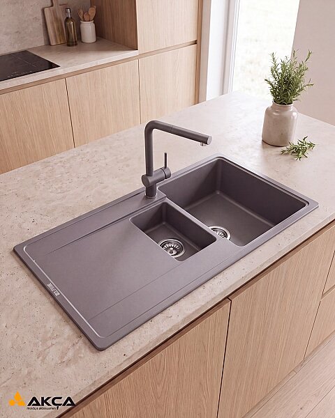 440023 QUARSTONE LUSTER 6S Metalik Gri Granit Evye / 99,5x49,5cm / Tezgah üstü 1,5 Göz - 1