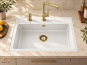 440030 QUARSTONE LUSTER 6 Beyaz Evye / 58,5x49,5cm / Tezgah üstü - QUARSTONE