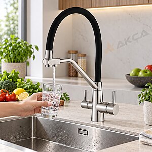 FLEKO KS16S03 Arıtma çıkışlı Spiralli Endüstriyel Evye Bataryası Siyah-İnox - FLEKO