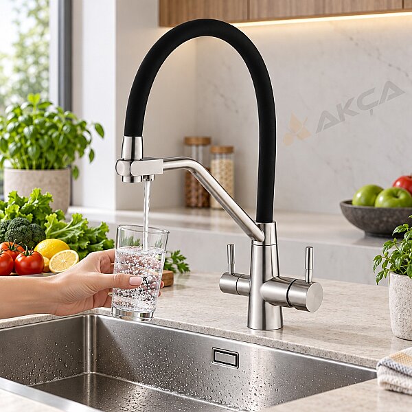 FLEKO KS16S03 Arıtma çıkışlı Spiralli Endüstriyel Evye Bataryası Siyah-İnox - 1