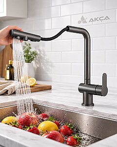 Fleko Riva Antrasit Spiralli Arıtmalı Düğmeli Evye Bataryası - FLEKO