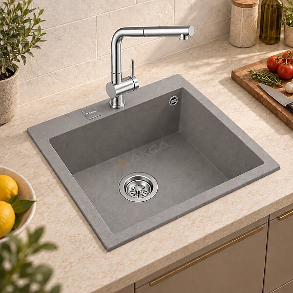 Teka ForSquare 50.40 TG Tek Hazneli Tezgah Üstü Granit Eviye Stone Gri - 1