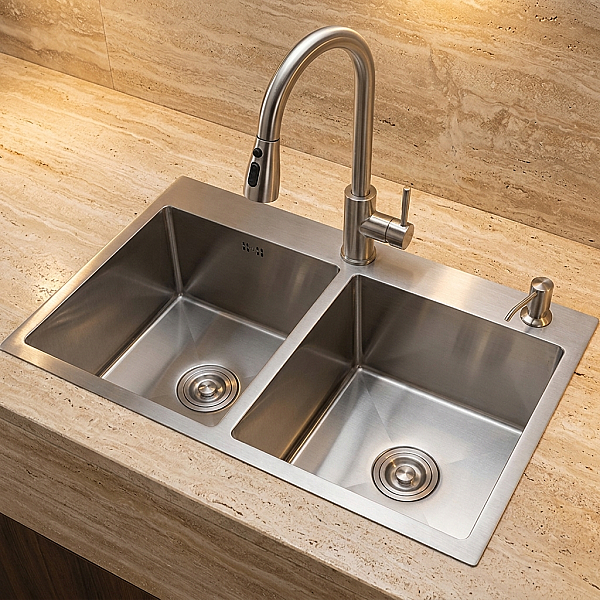 Hiens KARE 82x45cm Sepetli İki Gözlü Damlalıksız Tez.Üstü Evye İnox - 1