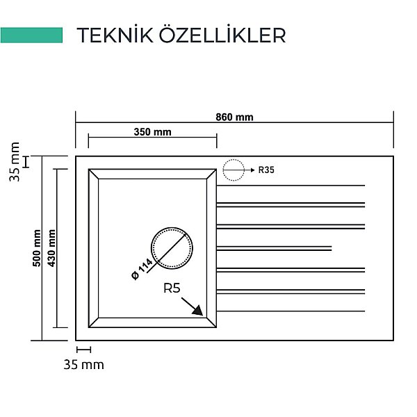 Realstone P004 TROYA 50x86cm GRANİT EVYE Antrasit - 3