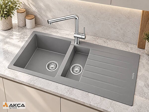 Realstone P005 TROYA 1,5 GÖZ 50x100 cm GRANİT EVYE GRİ - 1