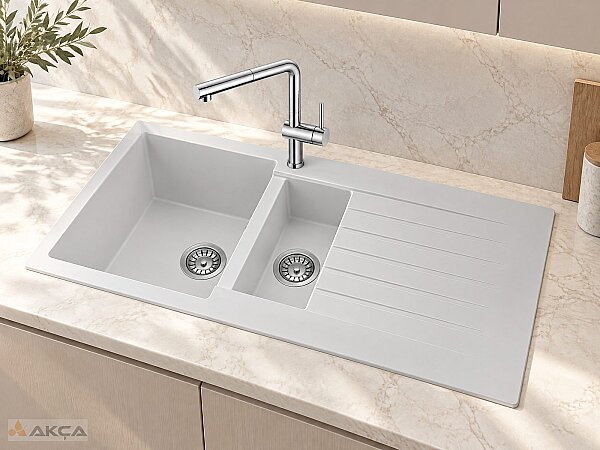 Realstone P005 TROYA 1,5 göz 50x100cm GRANİT EVYE BEYAZ - 1