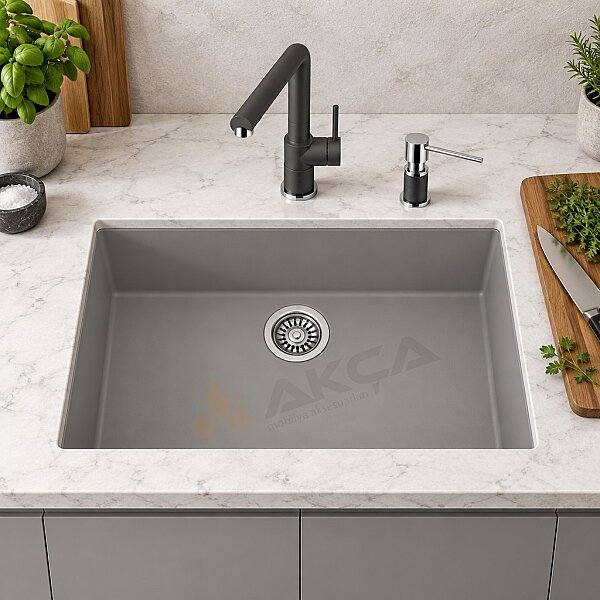 SQUARE 72.40 TG Stone Gri Teka Tezgah Altı Granit evye - 1