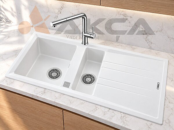 STONE 60 B-TG WHİTE TEKA 1,5 Göz Granit EVYE Beyaz - 2