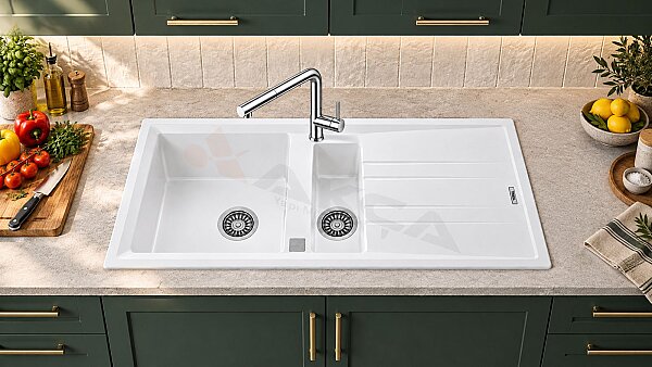 STONE 60 B-TG WHİTE TEKA 1,5 Göz Granit EVYE Beyaz - 1