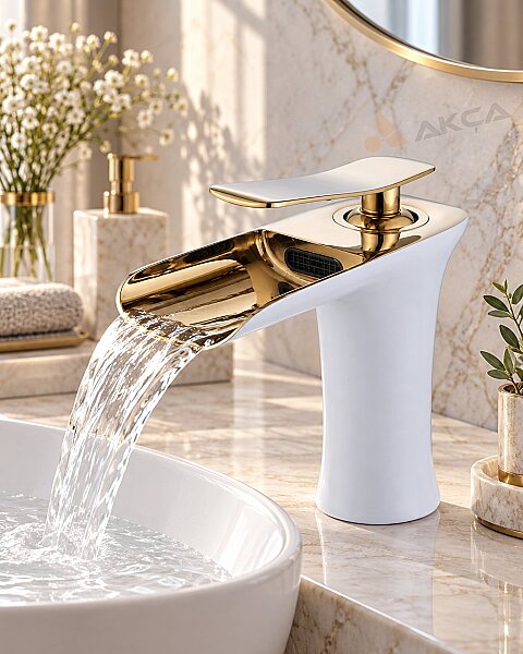 FLEKO Victoria ŞELALE Lavabo Bataryası BEYAZ-GOLD - 1